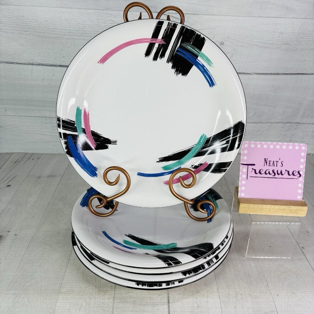 Newcor Design Concepts LIZA Pink Blue Green Slashes Stoneware Dinner Plate Set 5